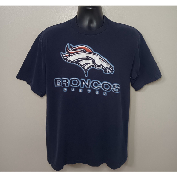 dynasty Other - Vintage 90s Denver Broncos Men's Large NFL T-shirt Navy Blue Cotton Tee Dynasty